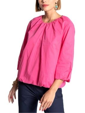 Frances Valentine Emily Ruched Top Pink 1X Cotton Balloon Sleeve Blouse $200+